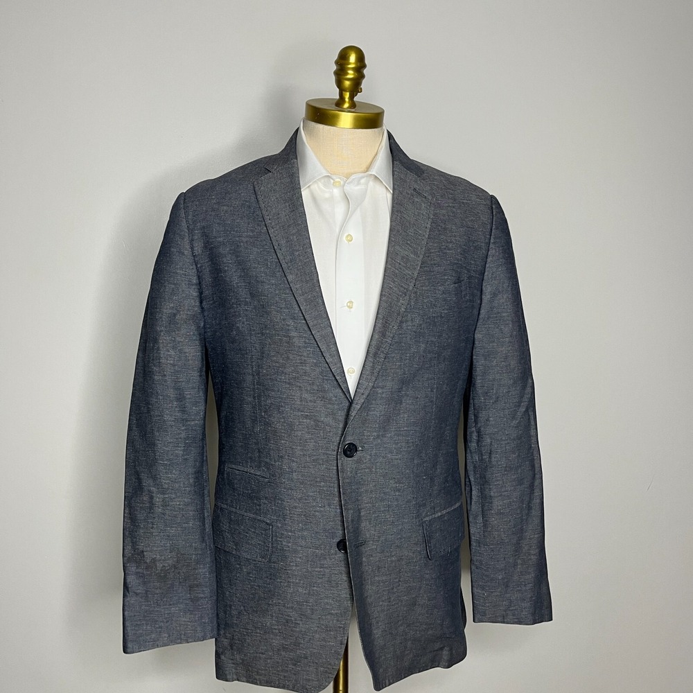 Wallin & Bros Blazer Mens 44L Blue Cotton Linen‎ Blend Two Button Sport Coat